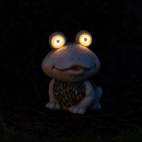 En søt hagefigur av en frosk med lysende øyne i mørket, omgitt av mørke planter og jord.