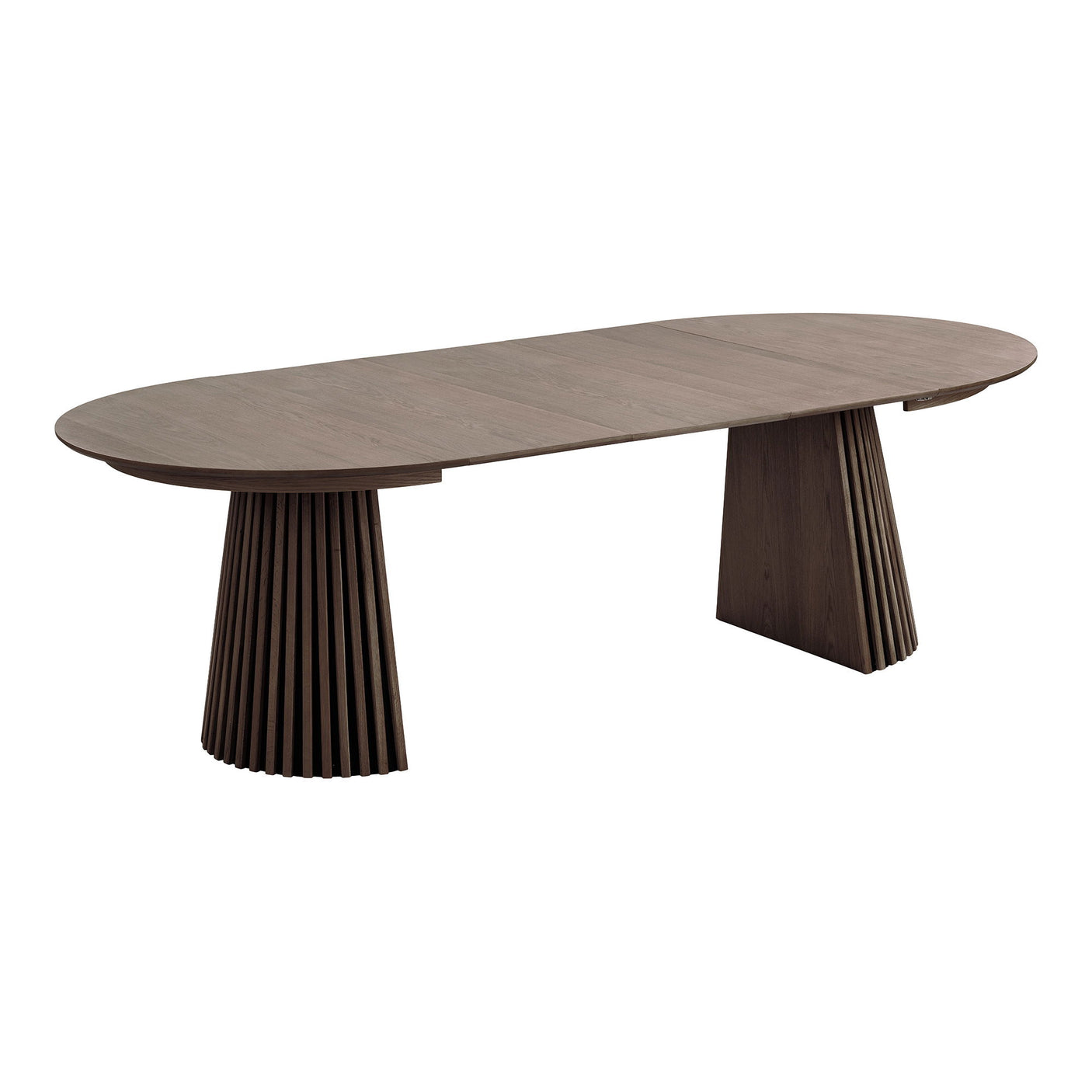 Osaka Dining Table i røkt eikefiner med ribbet søyleunderstell – uttrekkbart spisebord 120–240 cm, plass til opptil 10 personer.