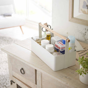 oppbevaringsboks hvit 29 x 16 cm med trehåndtak