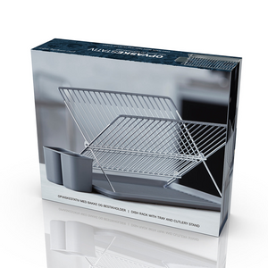 oppvaskstativ med avrenning som holder benken tørr