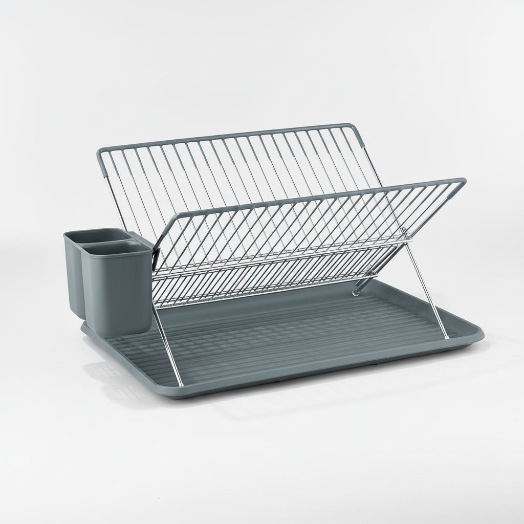 kjøkkenstativ i stål med dryppbrett og plass til tallerkener