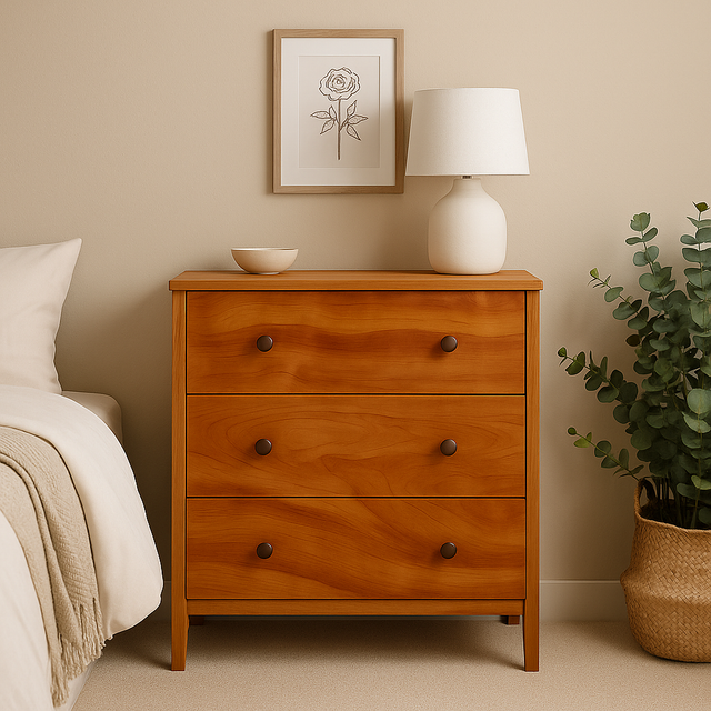 Kommode med kirsebærmønstret folie i beige soverom, stylet med lampe, kunst og planter.