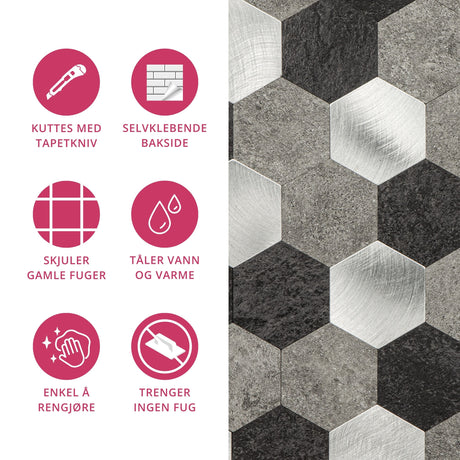 Espresso hexagon veggfliser – vannavvisende og enkle å montere på kjøkken og bad