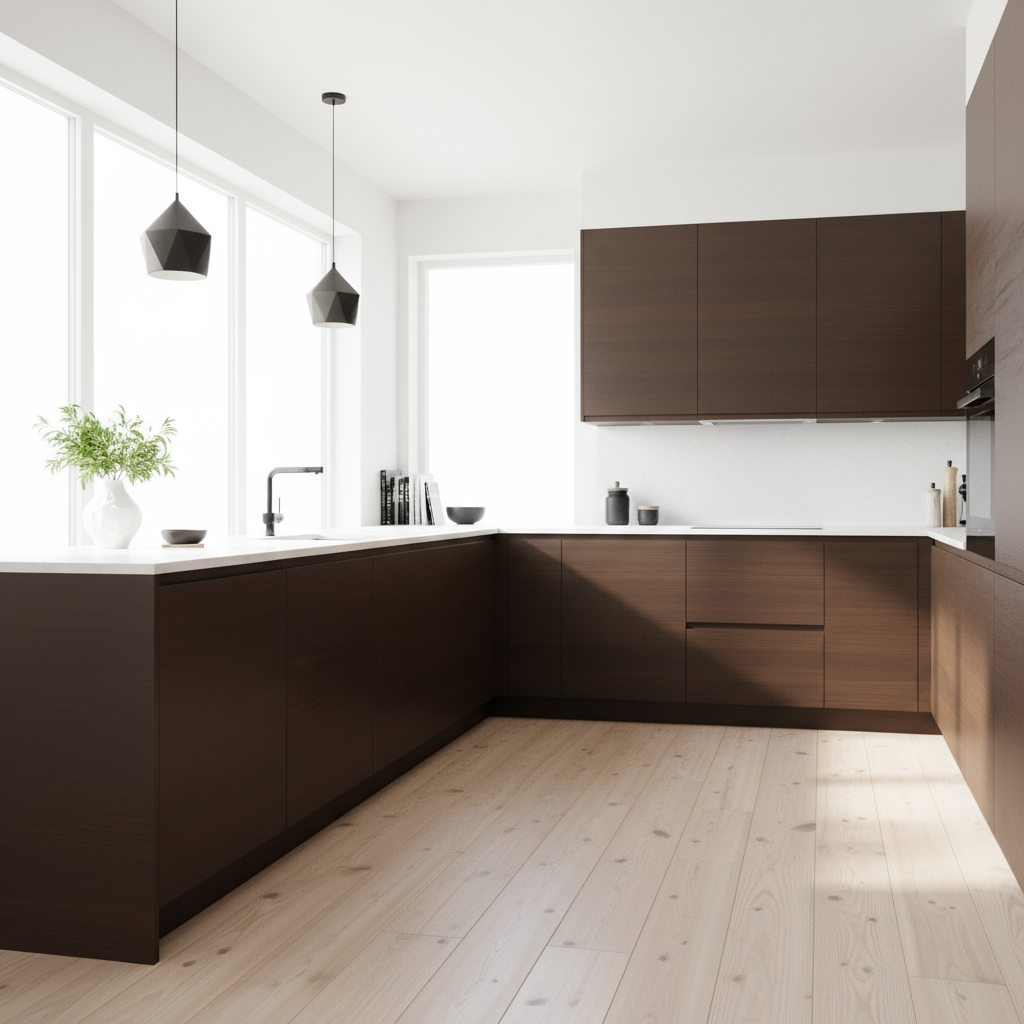 Moderne kjøkken med mørkebrune skap, hvite benkeplater og store vinduer som slipper inn naturlig lys.