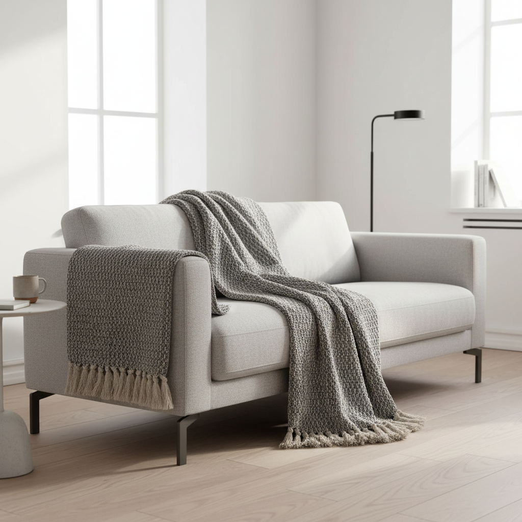 Kvadratisk detaljbilde av frynser og mønster i Cort pleddet