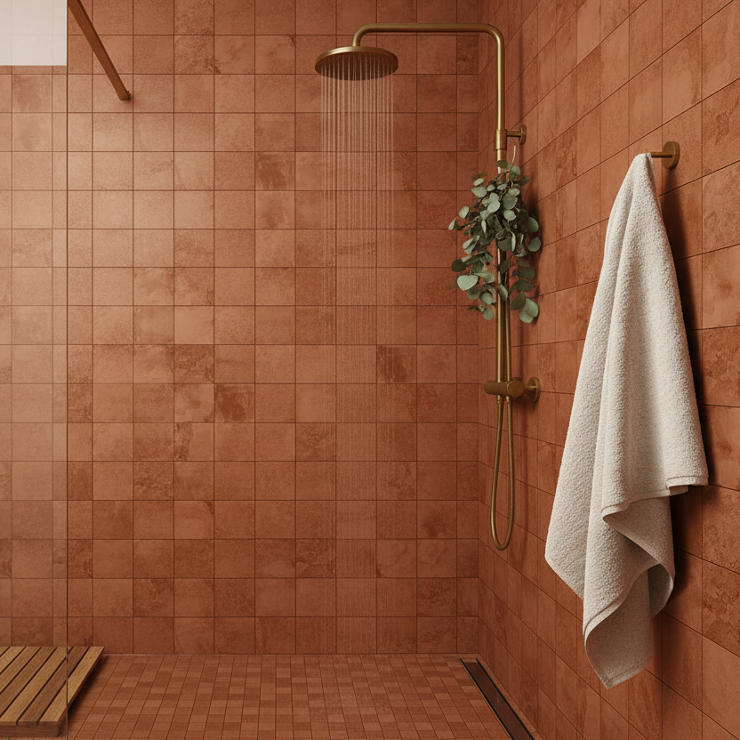 Ferdig lagt gulv med rustfargede fliser i moderne hjem