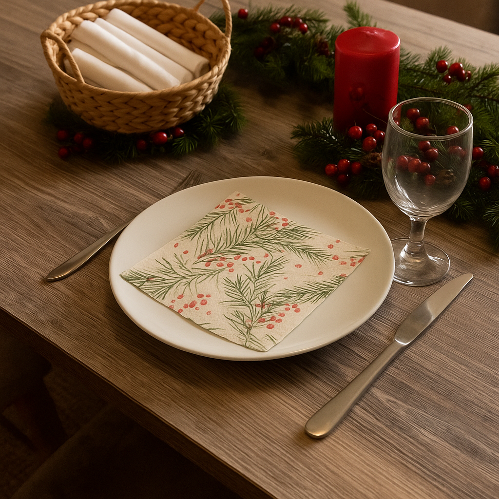 Julepyntet bord med hvit tallerken, glass og bestikk, dekorert med serviett med granbar og røde bær.