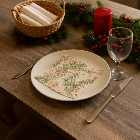 Julepyntet bord med hvit tallerken, glass og bestikk, dekorert med serviett med granbar og røde bær.