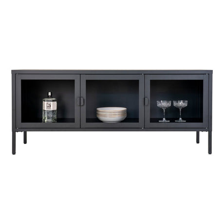 Sort TV-benk Brisbane 130 cm i stål og glass