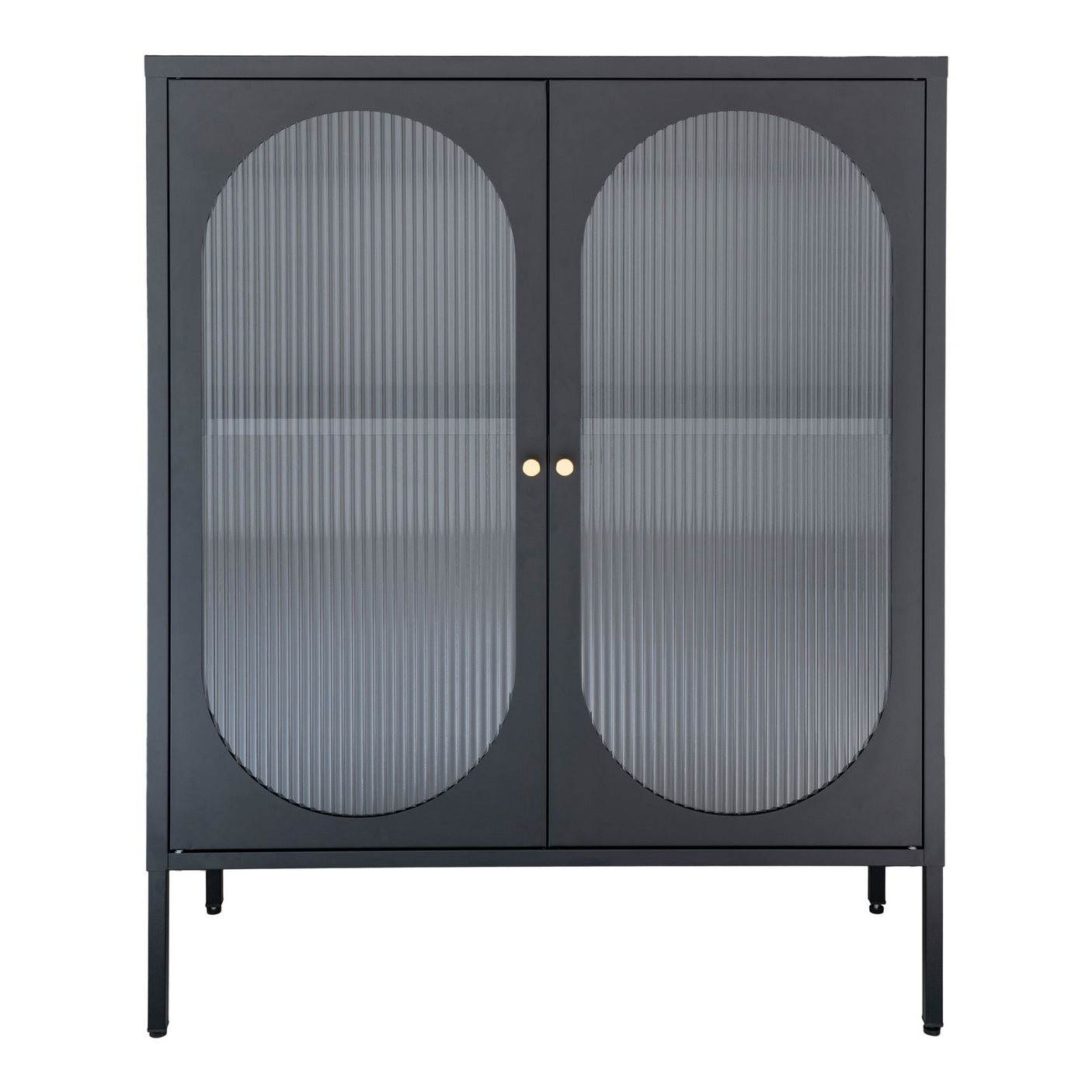 Moderne vitrineskap i sort metall med buede glasspaneler.