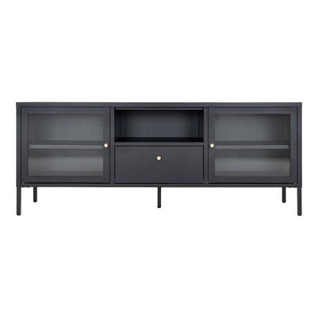 Dalby TV-benk med 2 glassdører og 1 skuff i sort stål – 150x35x60 cm
