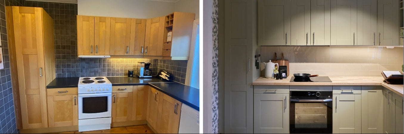 Før og etter-bilder av kjøkkenet i Sykepleierhytten i Bergen, oppgradert i Eventyrlig Oppussing med Hailey beige fliser, grønne skapfronter og lys benkeplate fra Lindas Dekor.