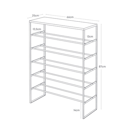 Praktisk skostativ i hvitt metall med god oppbevaringsplass.