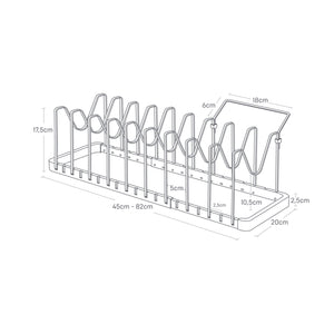 Sort kjøkkenstativ til lokk og panner – robust design.