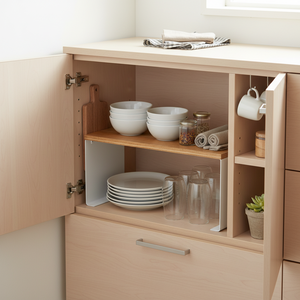 Detaljbilde av stabelbar hvit metallhylle med lys treoverflate.