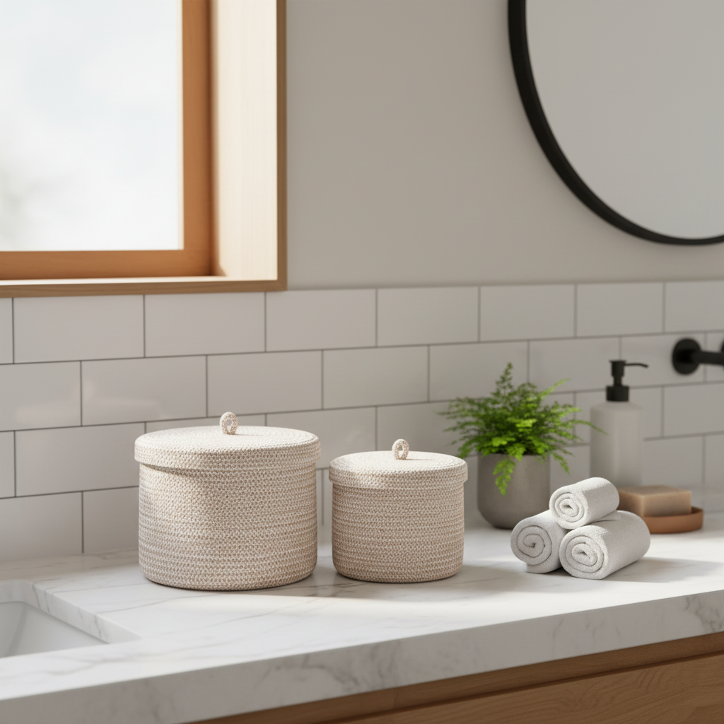 Sebal oppbevaringskurver med lokk i naturlig beige flett, 2 størrelser 14-16 cm"

