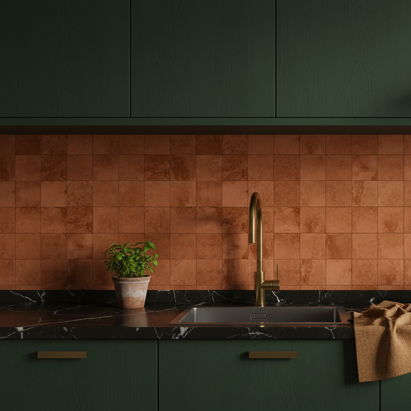 Selvklebende fliser Bodø rust terrakotta betonglook lagt på gulv