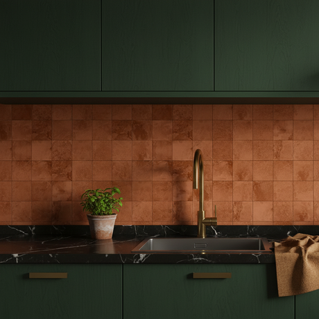 Selvklebende fliser Bodø rust terrakotta betonglook lagt på gulv