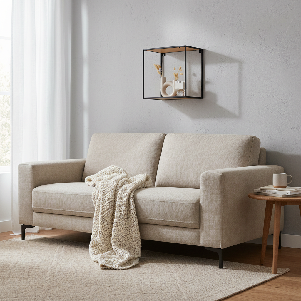 Sidevinkel av vegghylle med sort ramme og trelook bunn