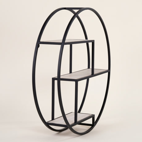 Rotterdam rund vegghylle isolert på nøytral bakgrunn, sort ramme og trehyller tydelig vist