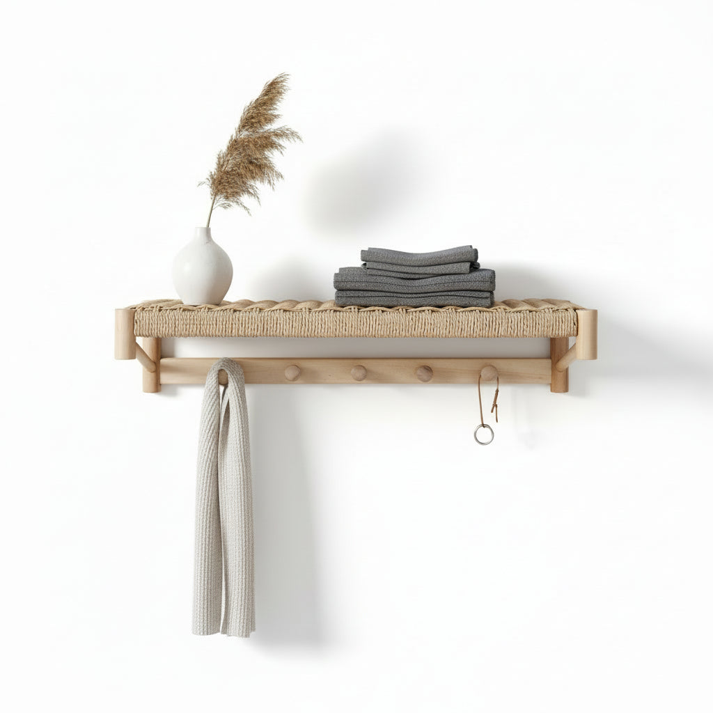 Abano hattehylle i poppel og naturflett montert i gang