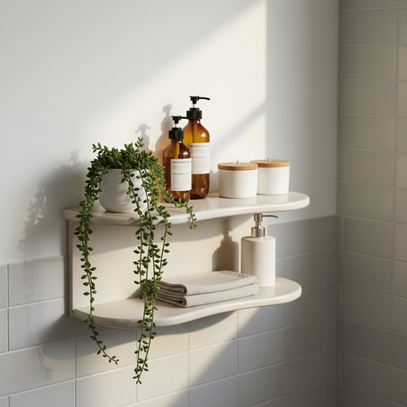 Botta vegghylle ren montert versjon på vegg uten dekor, viser proporsjoner 44 cm bredde