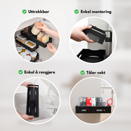 Uttrekkbar metallhylle i sort til bad og oppbevaring av produkter