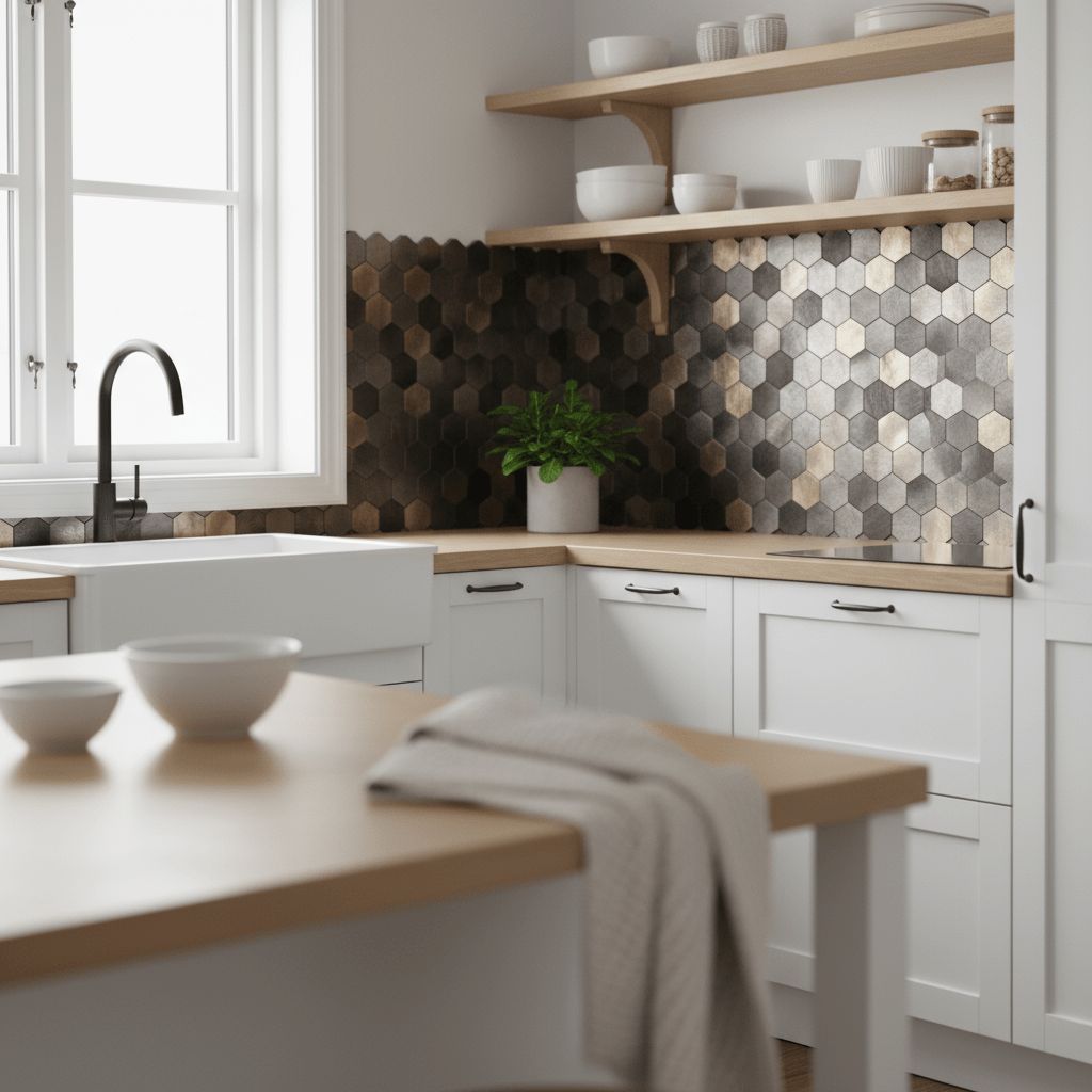 10 - pk Latte hexagon selvklebende veggfliser - Lindas Dekor
