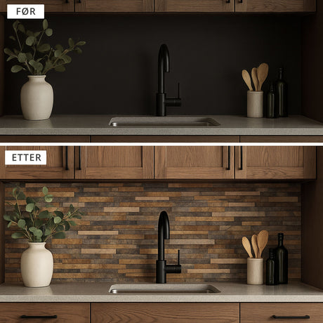Før og etter bilde av kjøkkenfornyelse med Karoline selvklebende fliser på veggen.