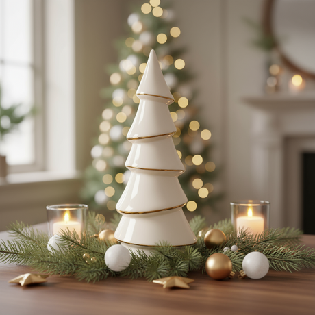 Kremfarget keramikkjuletre med gullkant på dekorfat med røde kuler og tente lys foran juletre og peis.