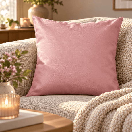 Lyngrosa putetrekk i skinnlook 45 x 45 cm i lys sofa med strikket pledd og lun innredning
