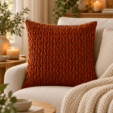 Brent oransje putetrekk i flettet velur 45 x 45 cm stylet i lys lenestol