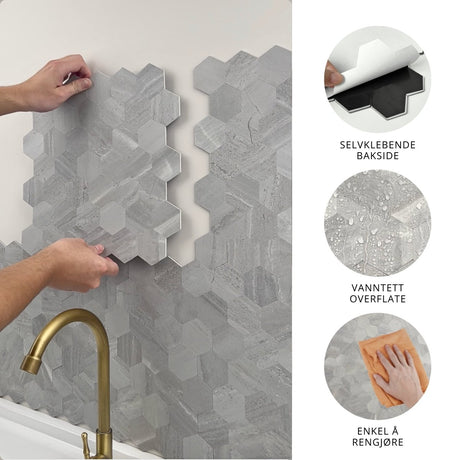 EasyTiles Pro selvklebende veggfliser monteres enkelt på kjøkkenvegg med vannavvisende overflate og enkel rengjøring