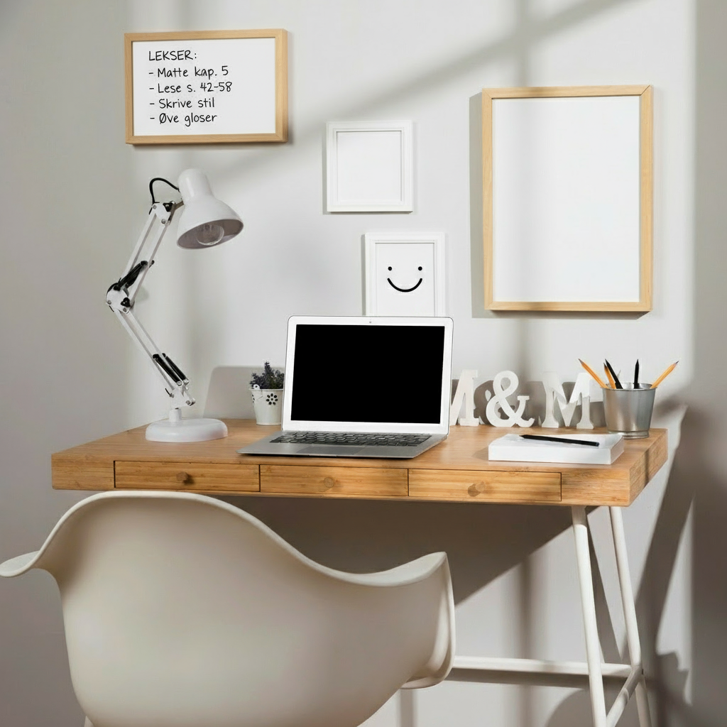 Whiteboardfolie brukt som skriveflate på hjemmekontor