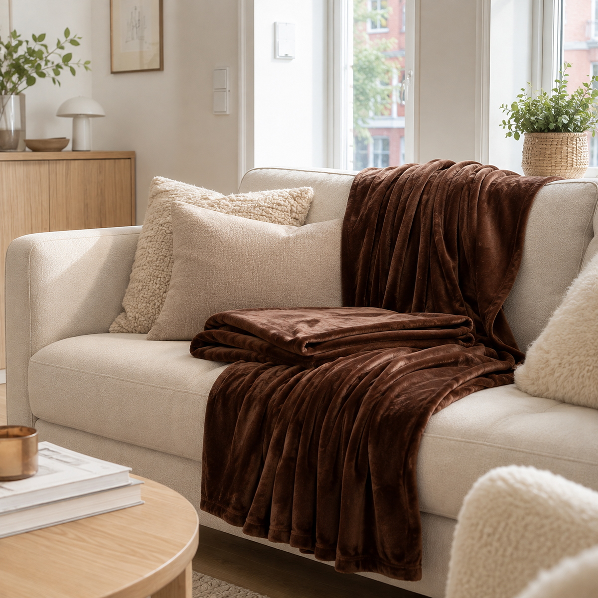 Brunt flanellpledd dandert over sofa med lyse pynteputer