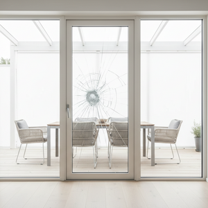 Transparent beskyttelsesfolie på vindu under renovering beskytter glass mot riper og støv