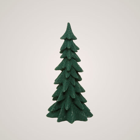 Grønt dekorasjonsjuletre, 21 cm høyt og 10 cm bredt, vist mot lys bakgrunn.