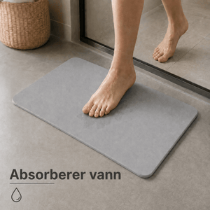 Baderomsmatte i absorberende diatomitt med produktfordeler og symboler