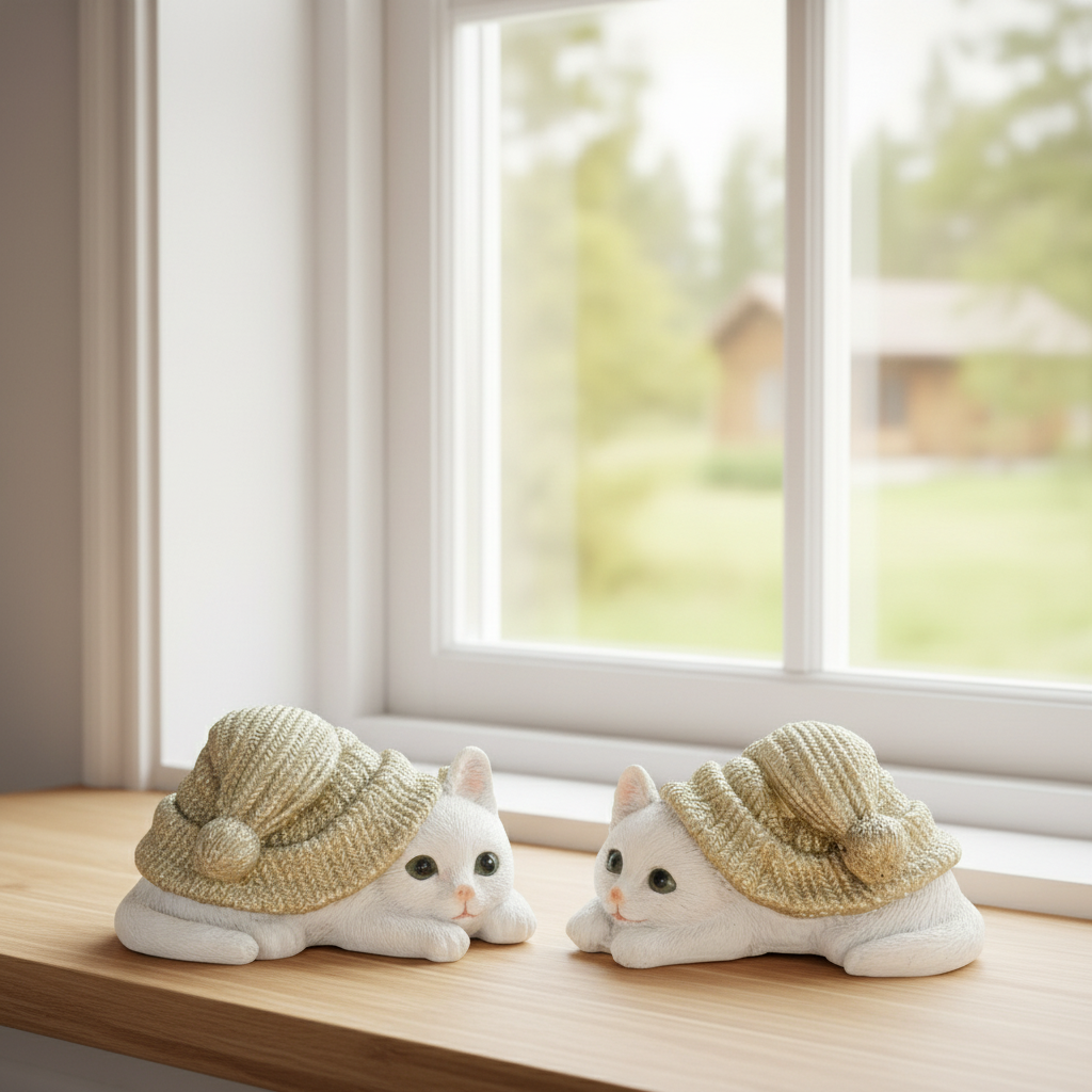 To små kattefigurer i polyresin med grønne luer på hvit bakgrunn