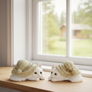 To små kattefigurer i polyresin med grønne luer på hvit bakgrunn