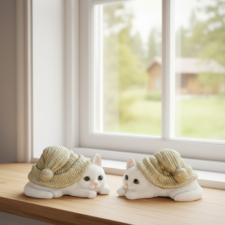 To små kattefigurer i polyresin med grønne luer på hvit bakgrunn