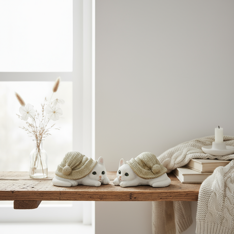 Kattefigurer med hatt i polyresin grønn hvit 2-pk dekorasjon 10,5 cm