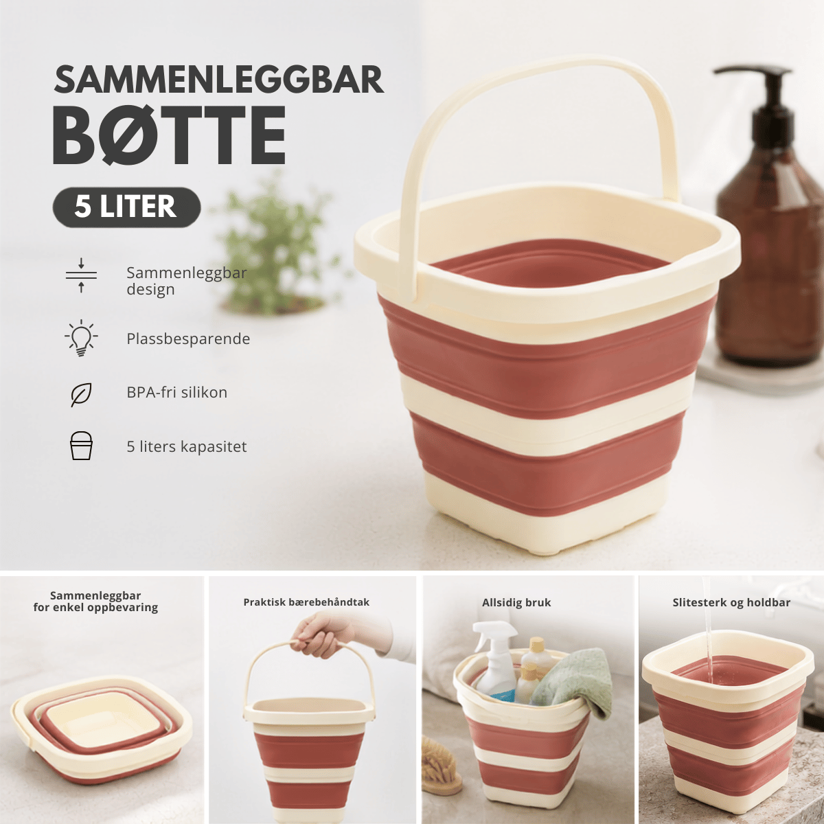 Sammenleggbar bøtte 5 liter gammelrosa