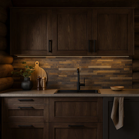Hyttekjøkken i mørkt treverk med Karoline selvklebende fliser for et rustikt og eksklusivt uttrykk.