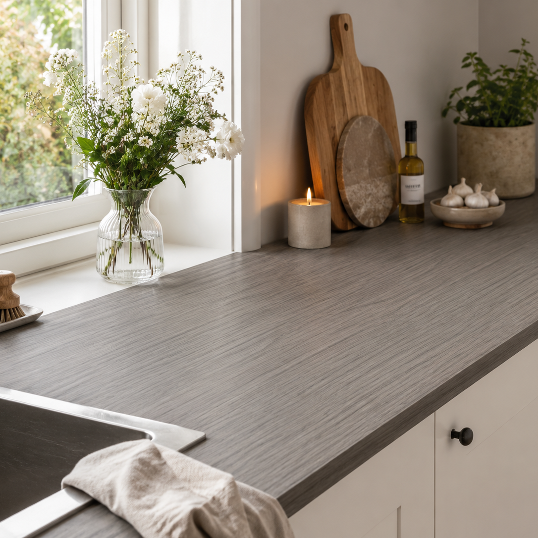 Køkkenbænk folieret med Calm Greige kontaktplast i varm gråbeige trefinish ved vinduet med naturlig dagslys