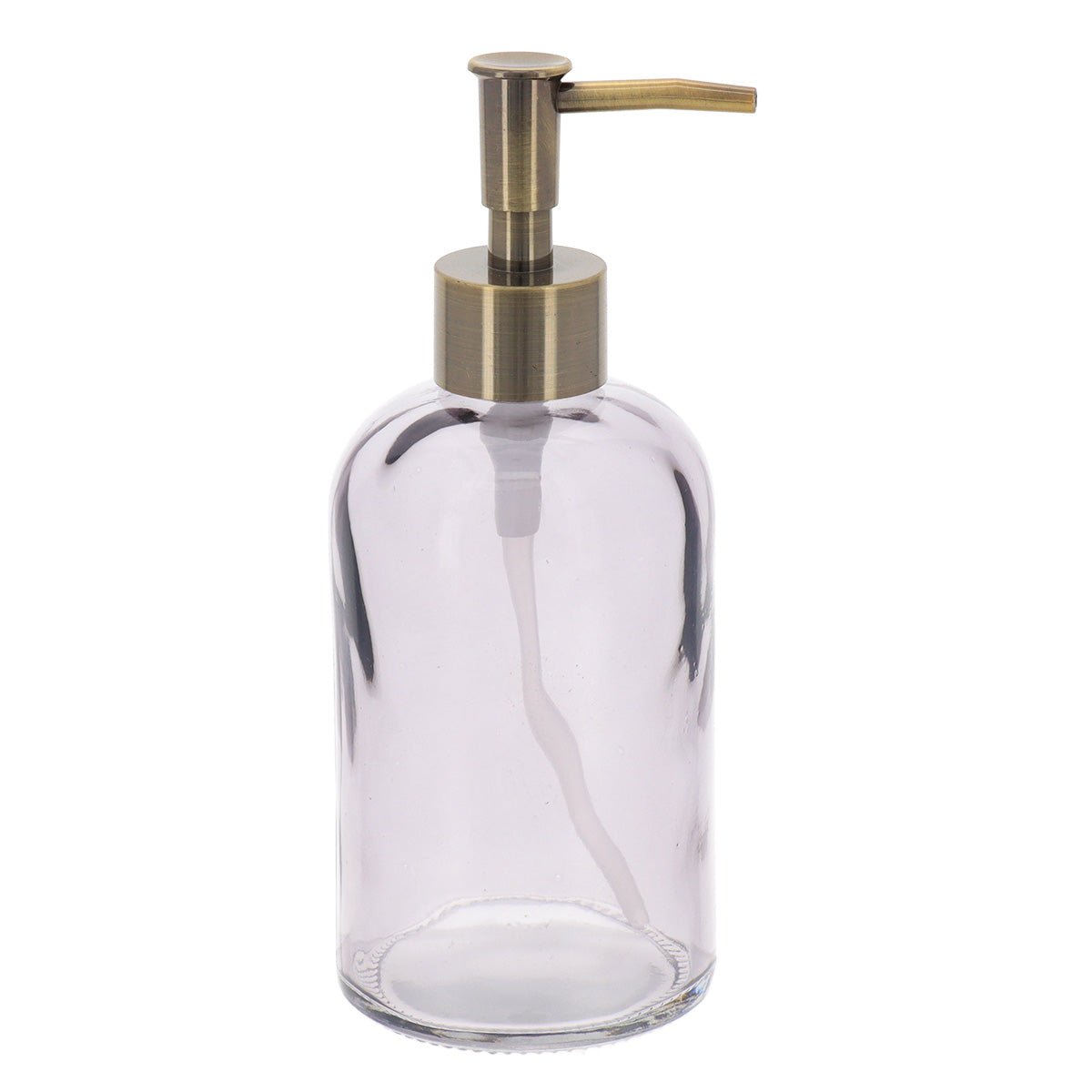 Sæbedispenser i gråbeige glas med pumpe i bronze