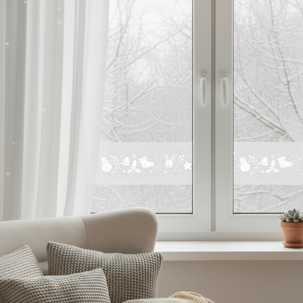 Fönsterfolie med snögubbe och julstrumpa