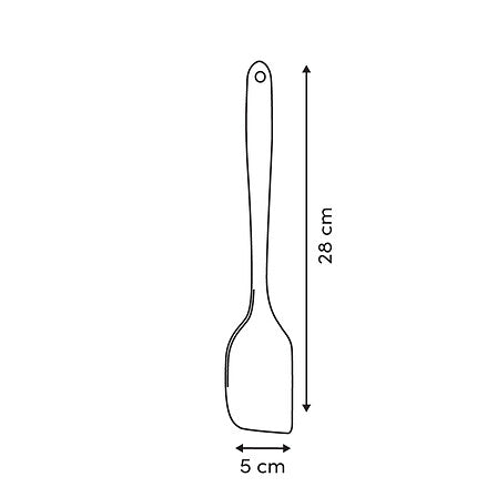 Målskisse av rosa slikkepott i silikon med total lengde på 28 cm og bladbredde på 5 cm.