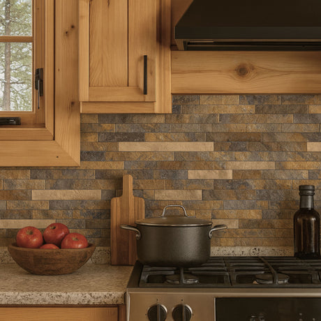 Kjøkken med lyse tremøbler og Karoline selvklebende fliser i natursteinmønster.