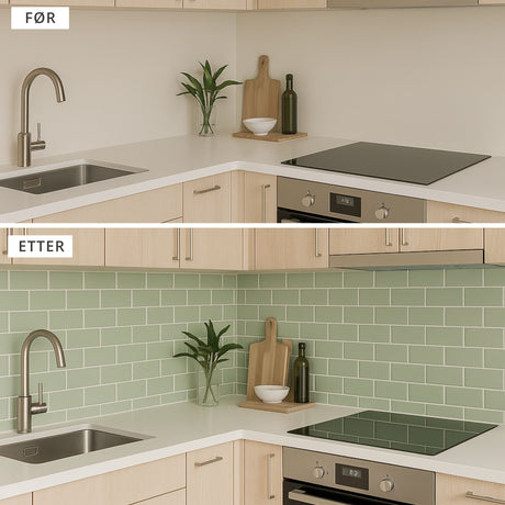 Før og etter bilde av kjøkkenfornyelse med Subway Sage Green selvklebende veggfliser.